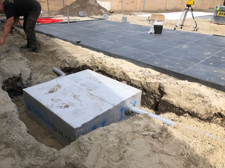 Het werk voor de aanleg van de infiltratiekratten is in volle gang. Het werk voor de aanleg van de infiltratiekratten is in volle gang.