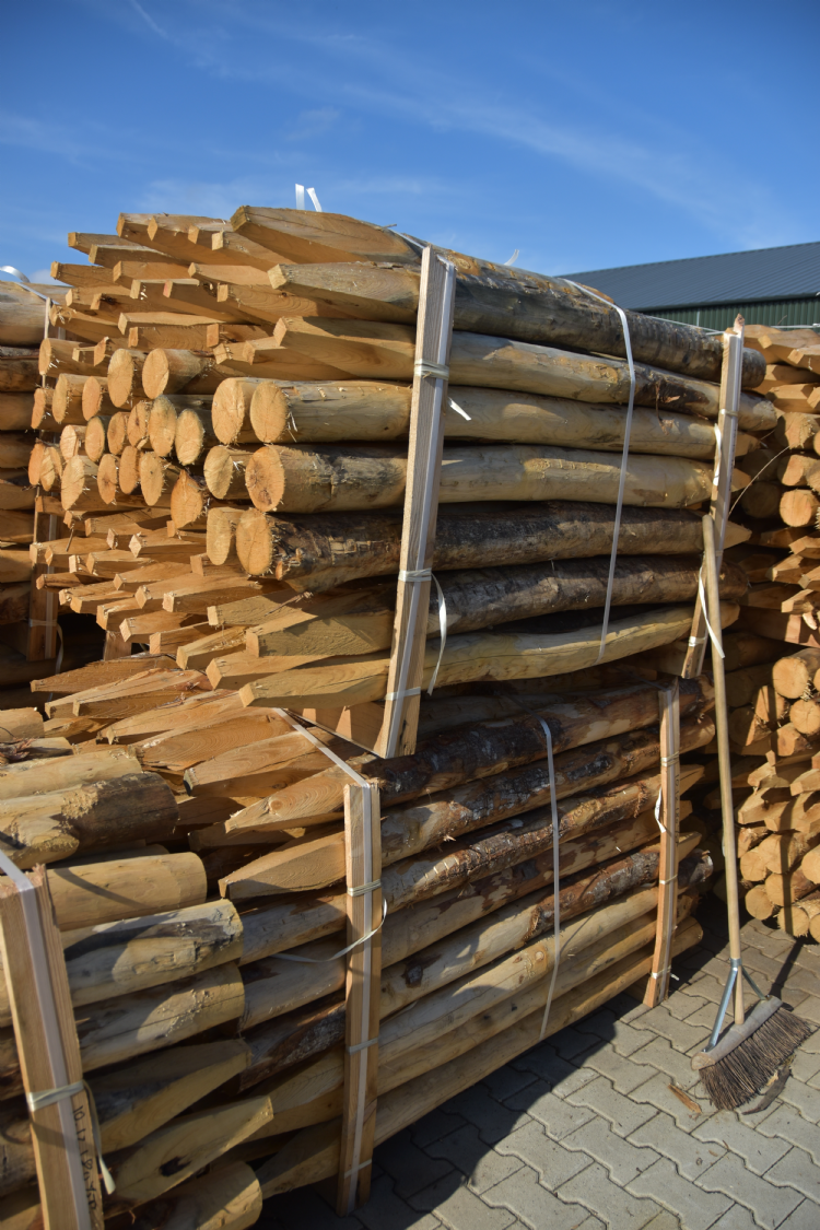 De te kloven gepunte palen liggen klaar voor verwerking. De te kloven gepunte palen liggen klaar voor verwerking.