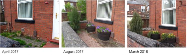 Opzet uit het onderzoek. Enkele containers met de planten in de voortuin.