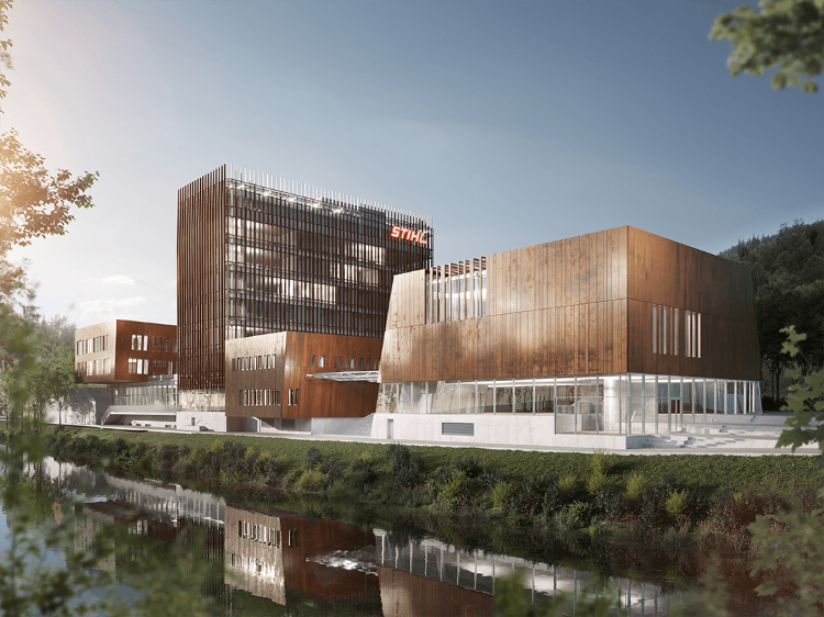 Een artistieke impressie van het nieuwe hoofdkantoor van Stihl. (Illustratie: Stihl)