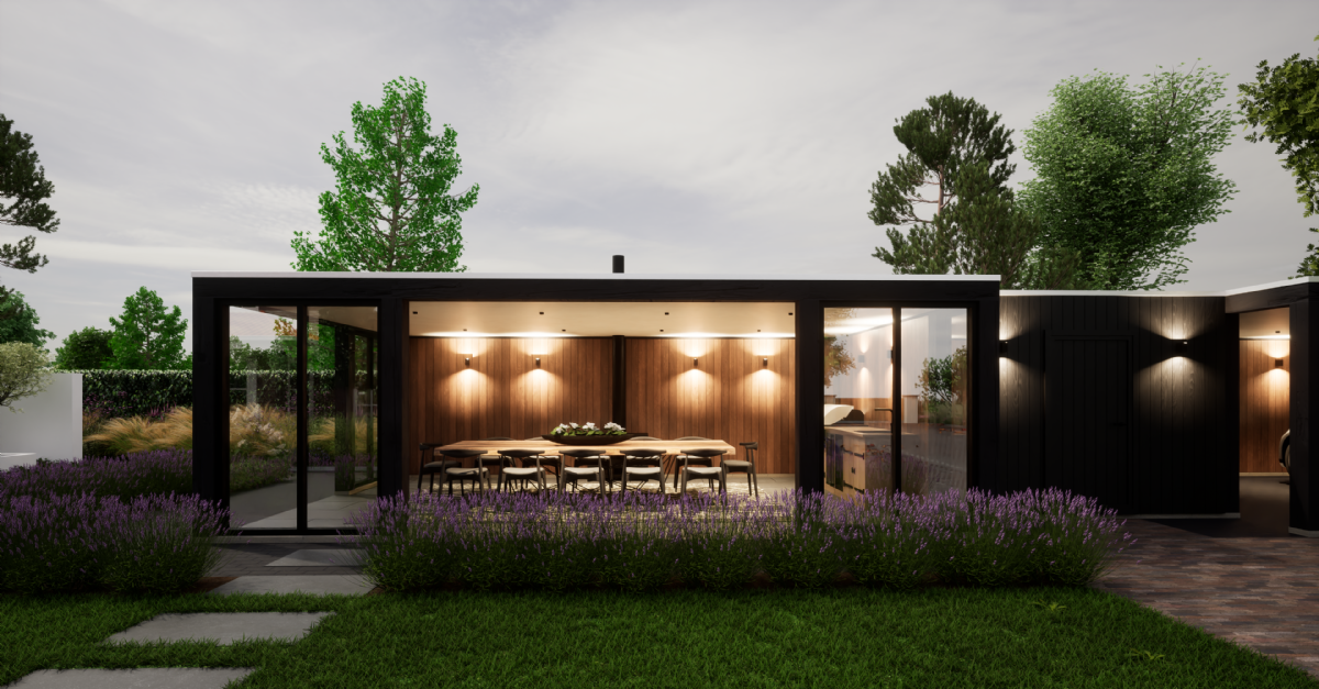 Roald Tuindesign integreert houten bijgebouw naadloos in villatuin