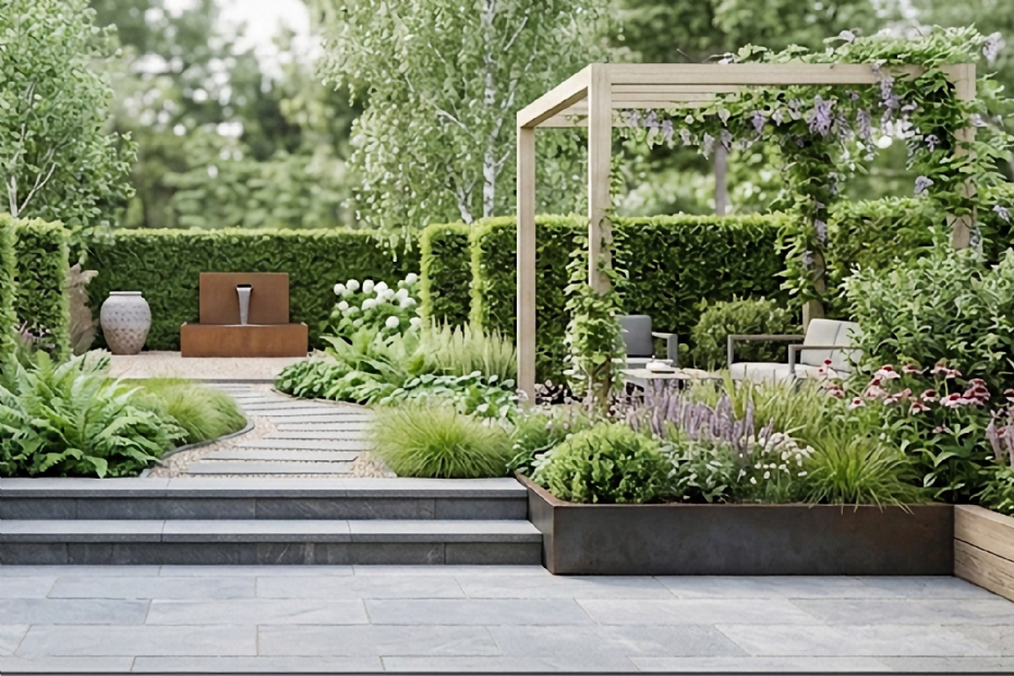 Zicht vanuit een achterraam op een tuin met een duidelijke zichtlijn, hoogteverschil en dieptewerking